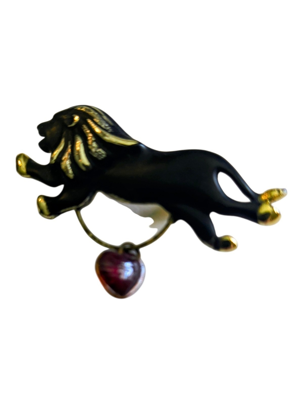 VTG Black and Gold Lion Brooch with Red Heart Charm